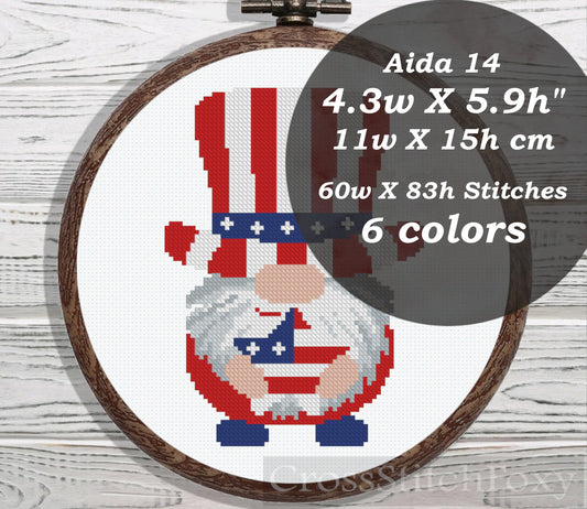 USA Patriotic Gnome With Flag cross stitch pattern
