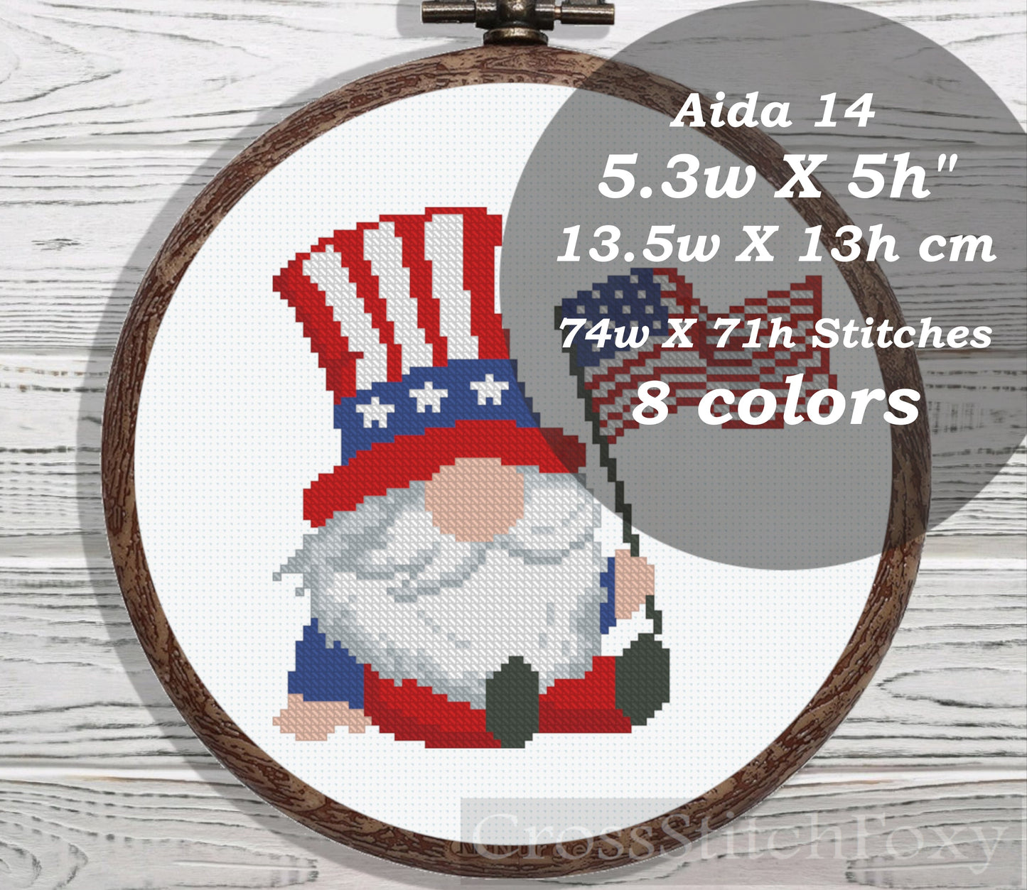 USA Patriotic Gnome With Flag cross stitch pattern