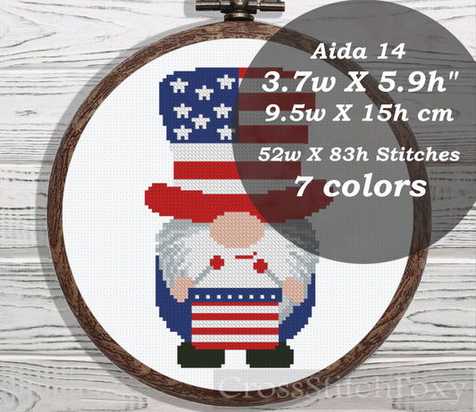 USA Patriotic Gnome cross stitch pattern