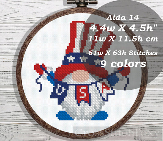 USA Patriotic Gnome cross stitch pattern