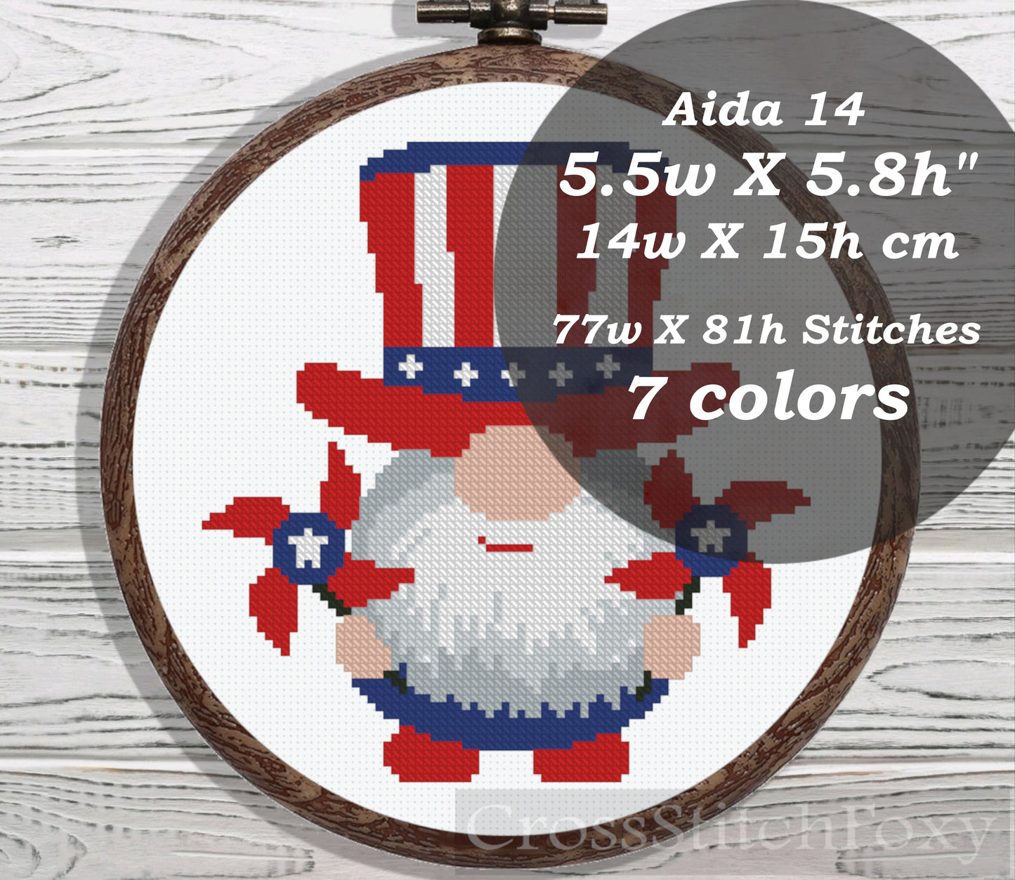 USA Patriotic Gnome cross stitch pattern