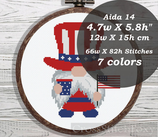 USA Patriotic Gnome cross stitch pattern