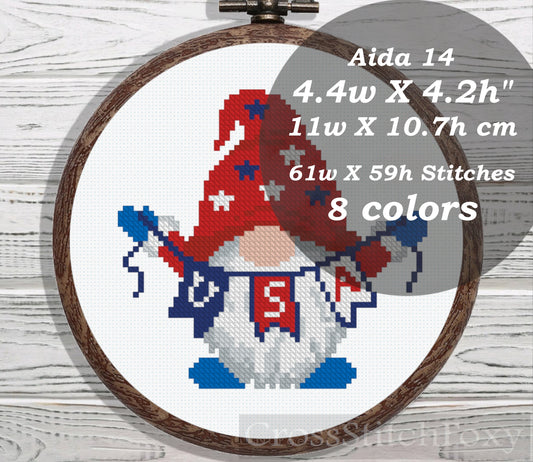 USA Patriotic Gnome cross stitch pattern