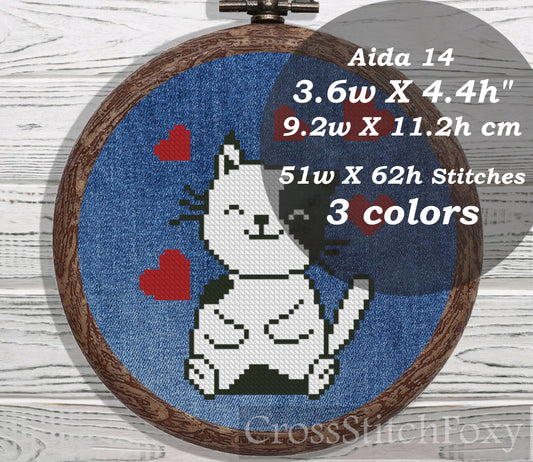 Valentine Cat with Hearts cross stitch pattern