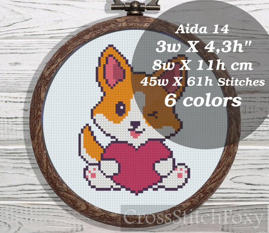 Valentine Corgi cross stitch pattern