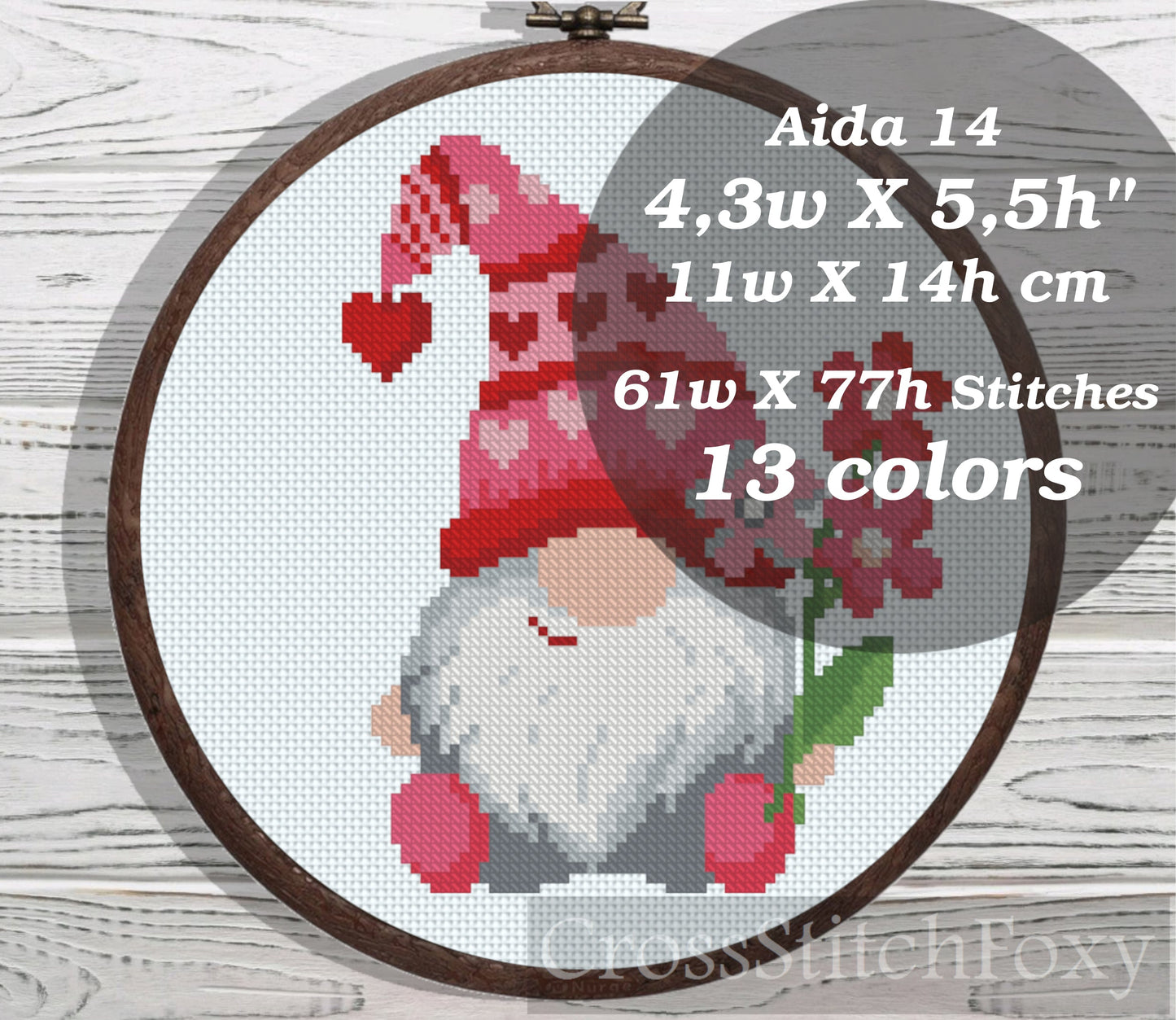 Valentine Gnome with flowers cross stitch pattern