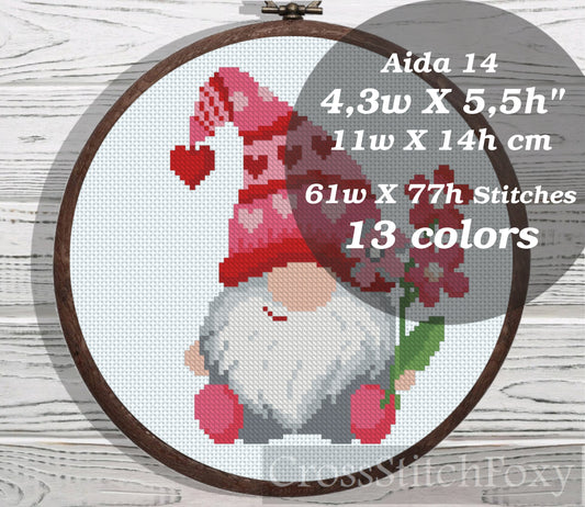 Valentine Gnome with flowers cross stitch pattern