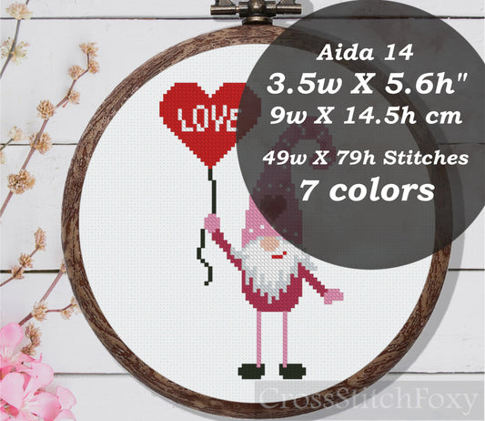Valentine gnome cross stitch pattern