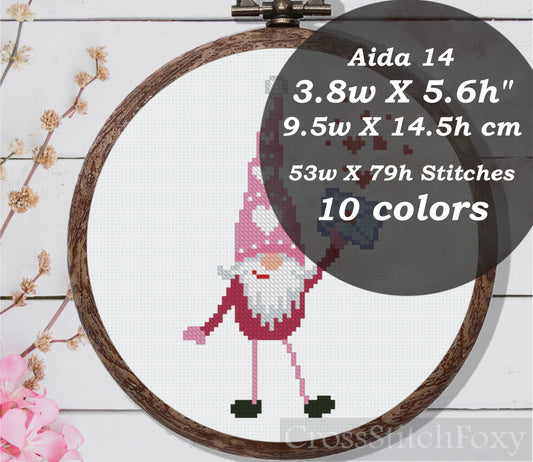 Valentine gnome cross stitch pattern