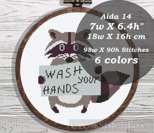 Wash Your Hands Raccoon cross stitch pattern