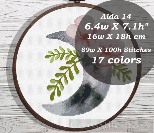 Watercolor Floral Moon cross stitch pattern