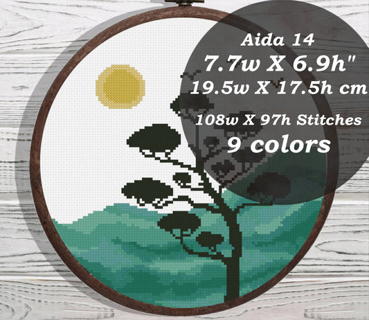 Watercolor landscape bonsai tree cross stitch pattern
