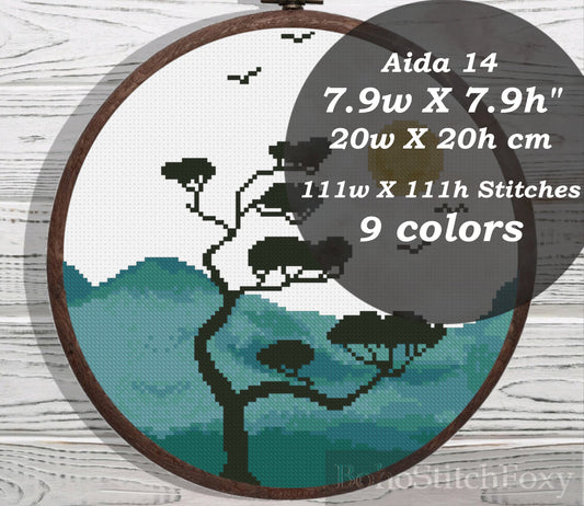 Watercolor landscape bonsai tree cross stitch pattern