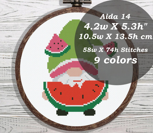 Watermelon Gnome cross stitch pattern