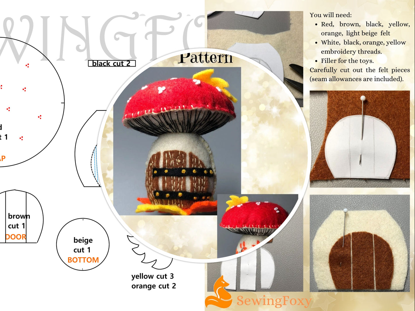 Mushroom fairy house soft toy sewing pattern