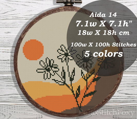 Sunset desert landscape with flowers cross stitch pattern