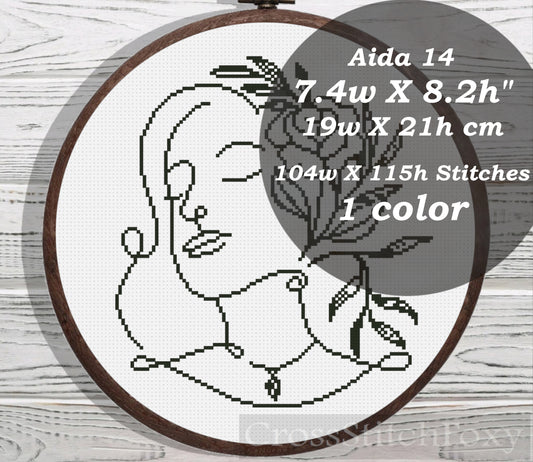 Line Art Girl Floral Portrait cross stitch pattern