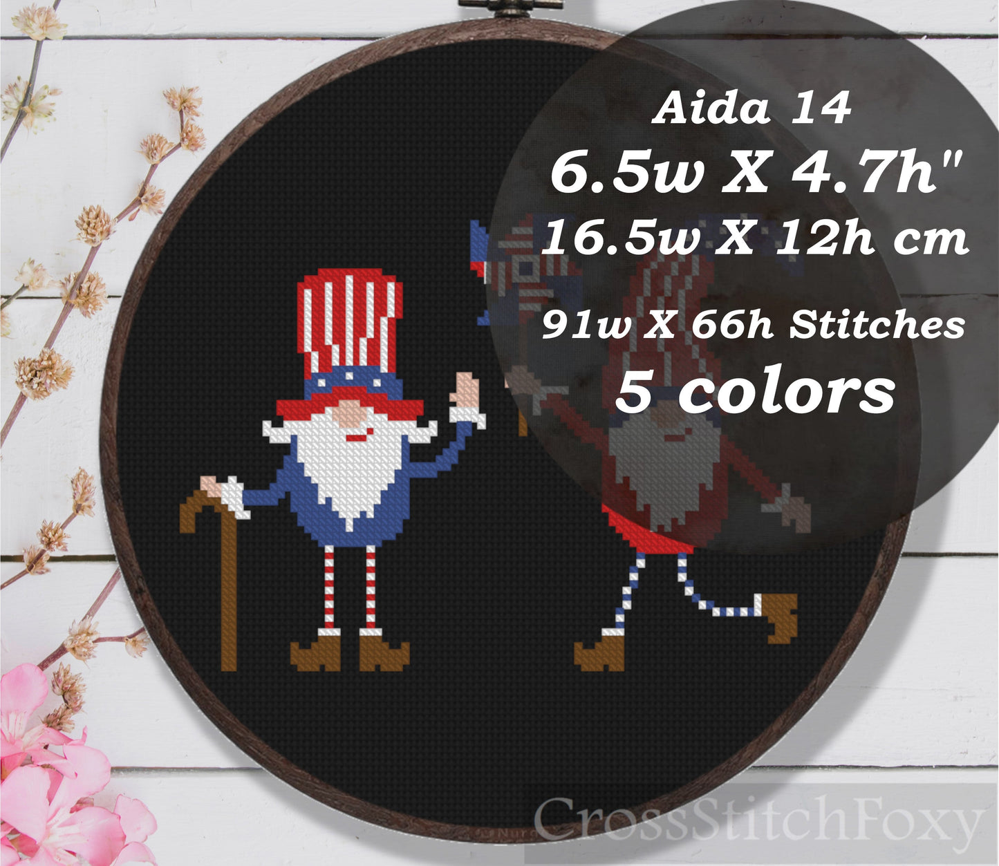 th July Tiny Gnomes US Flag Cross Stitch Pattern