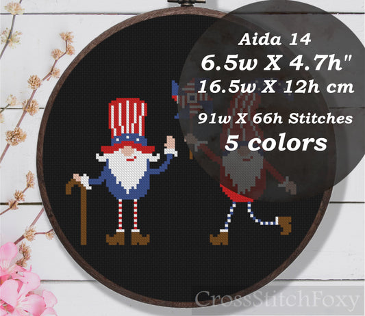 th July Tiny Gnomes US Flag Cross Stitch Pattern