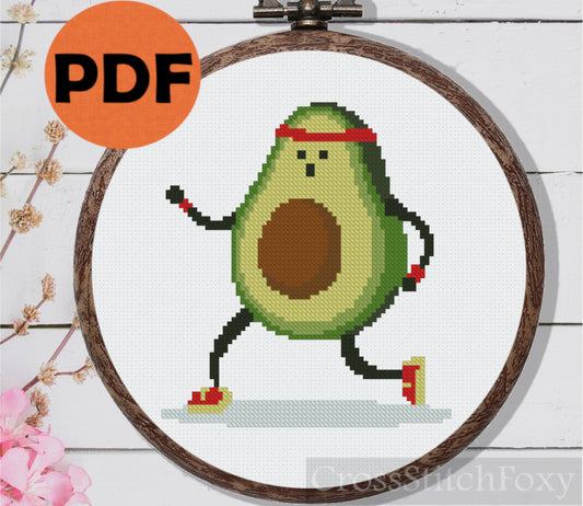 Running Avocado cross stitch pattern