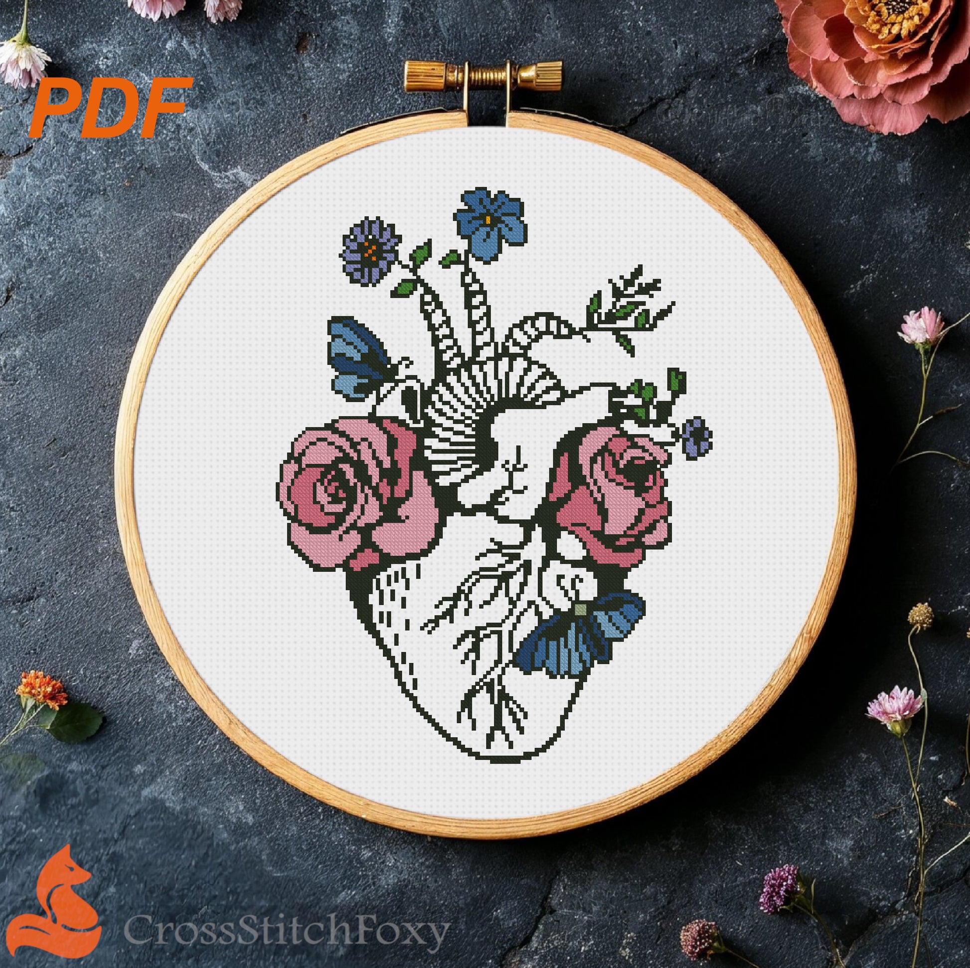 Anatomical Heart Floral Cross Stitch Pattern