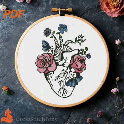 Anatomical Heart Floral Cross Stitch Pattern