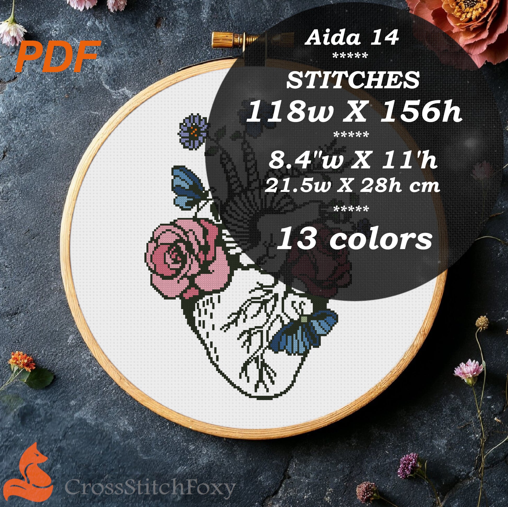 Anatomical Heart Floral Cross Stitch Pattern