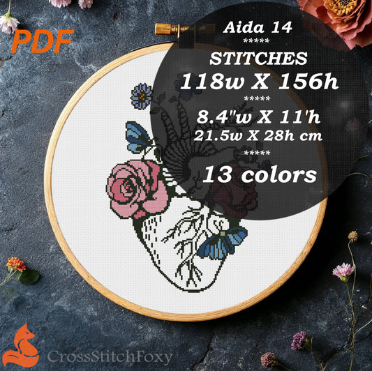 Anatomical Heart Floral Cross Stitch Pattern