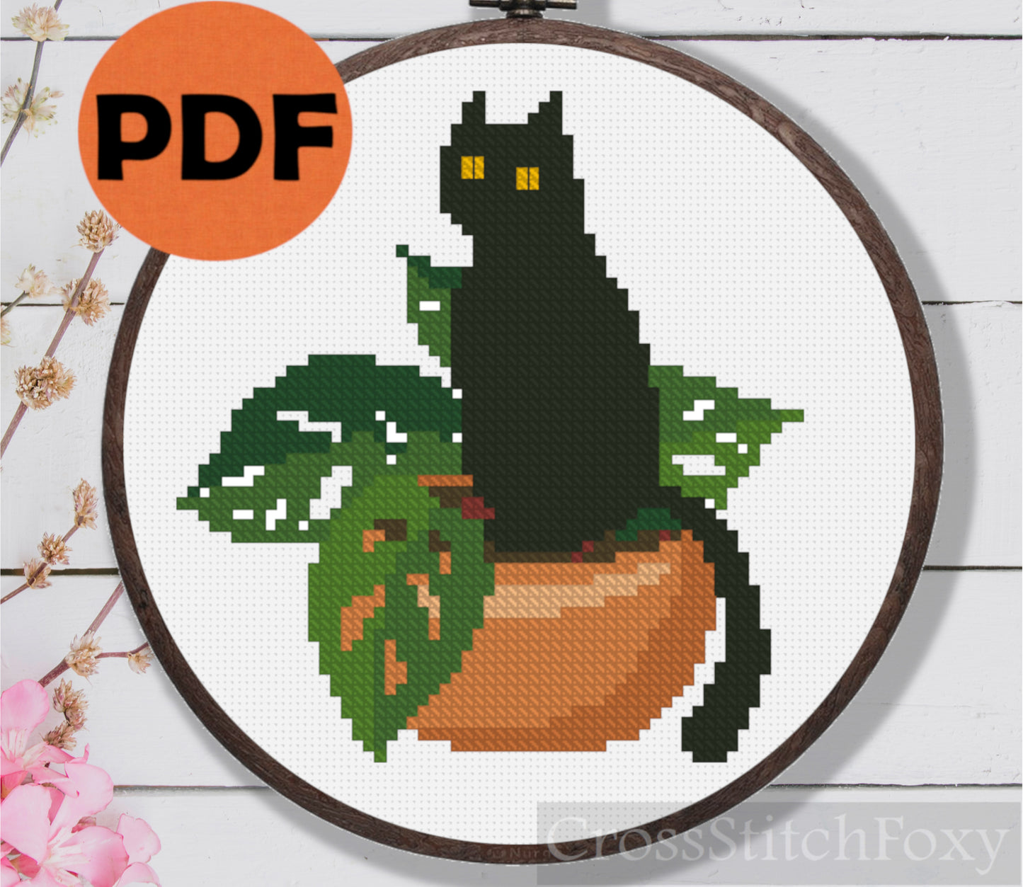 Black Cat with Home Plant Cross Stitch Pattern