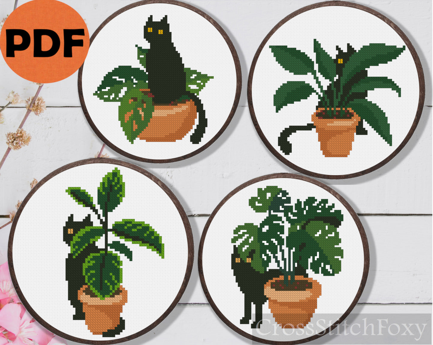 Black Cat with Home Plants Cross Stitch Pattern