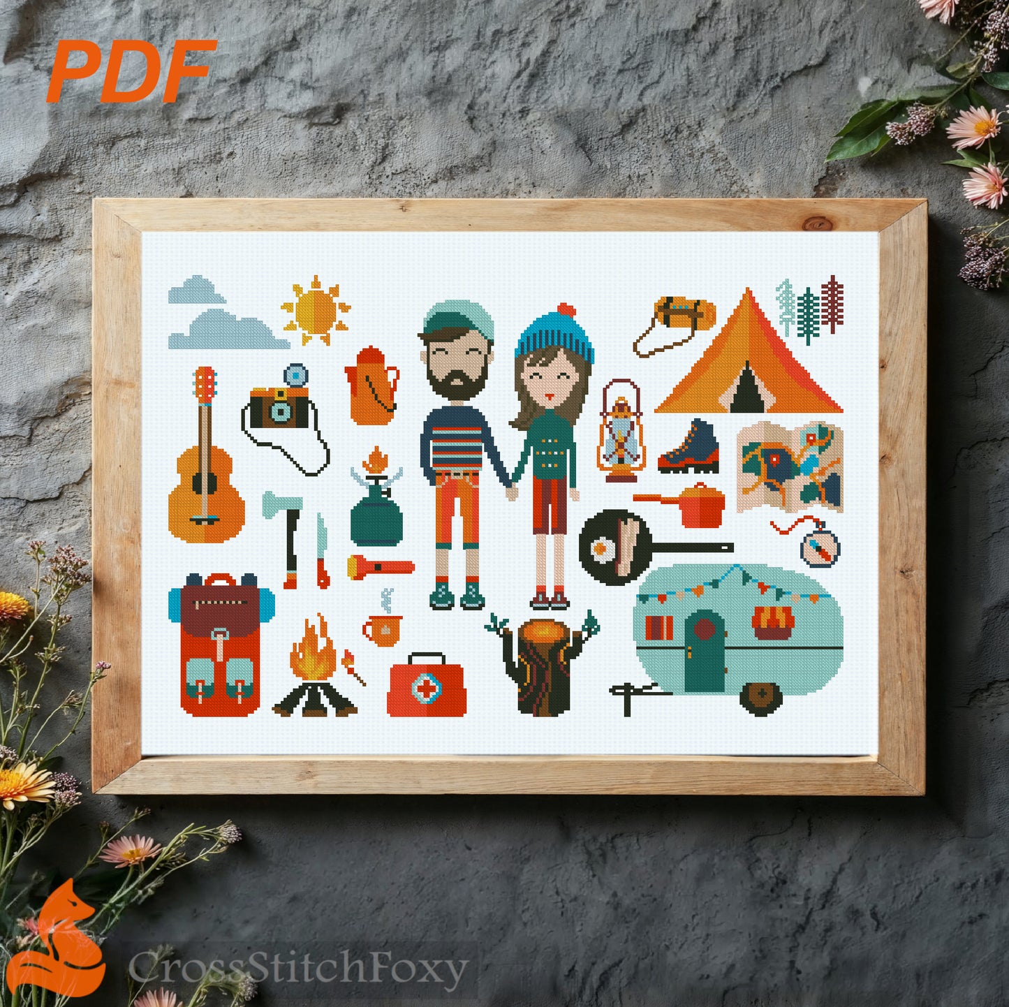 Camping Couple Cross Stitch Pattern
