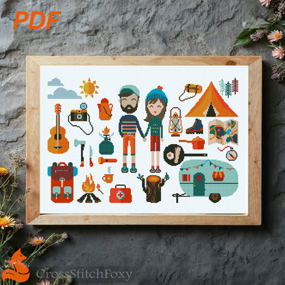 Camping Couple Cross Stitch Pattern