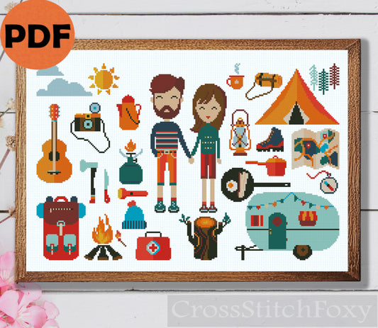 Camping cross stitch pattern