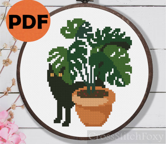 Cat with Home Plant Cross Stitch Pattern