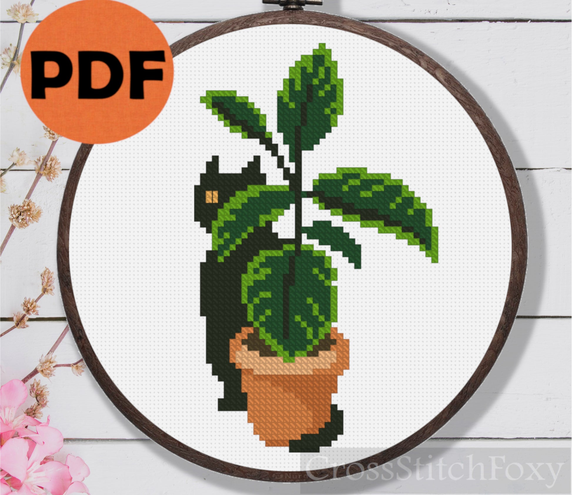 Cat with Home Plant Cross Stitch Pattern