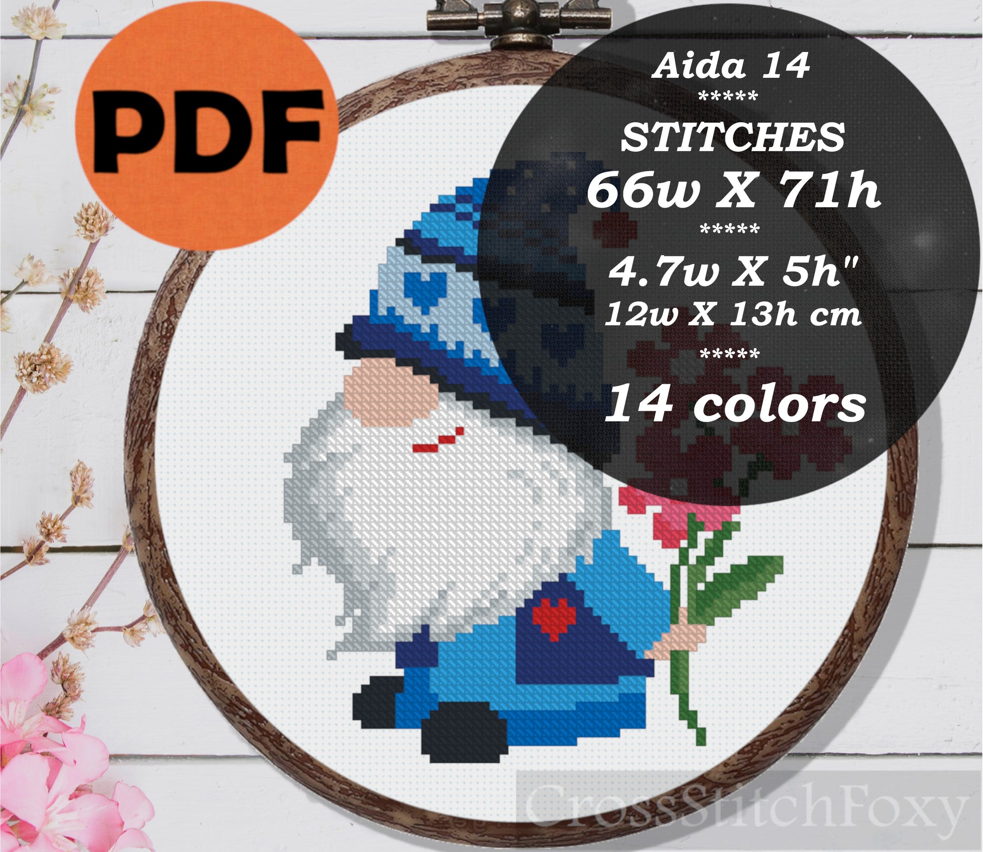 Gnome with flowers cross stitch pattern