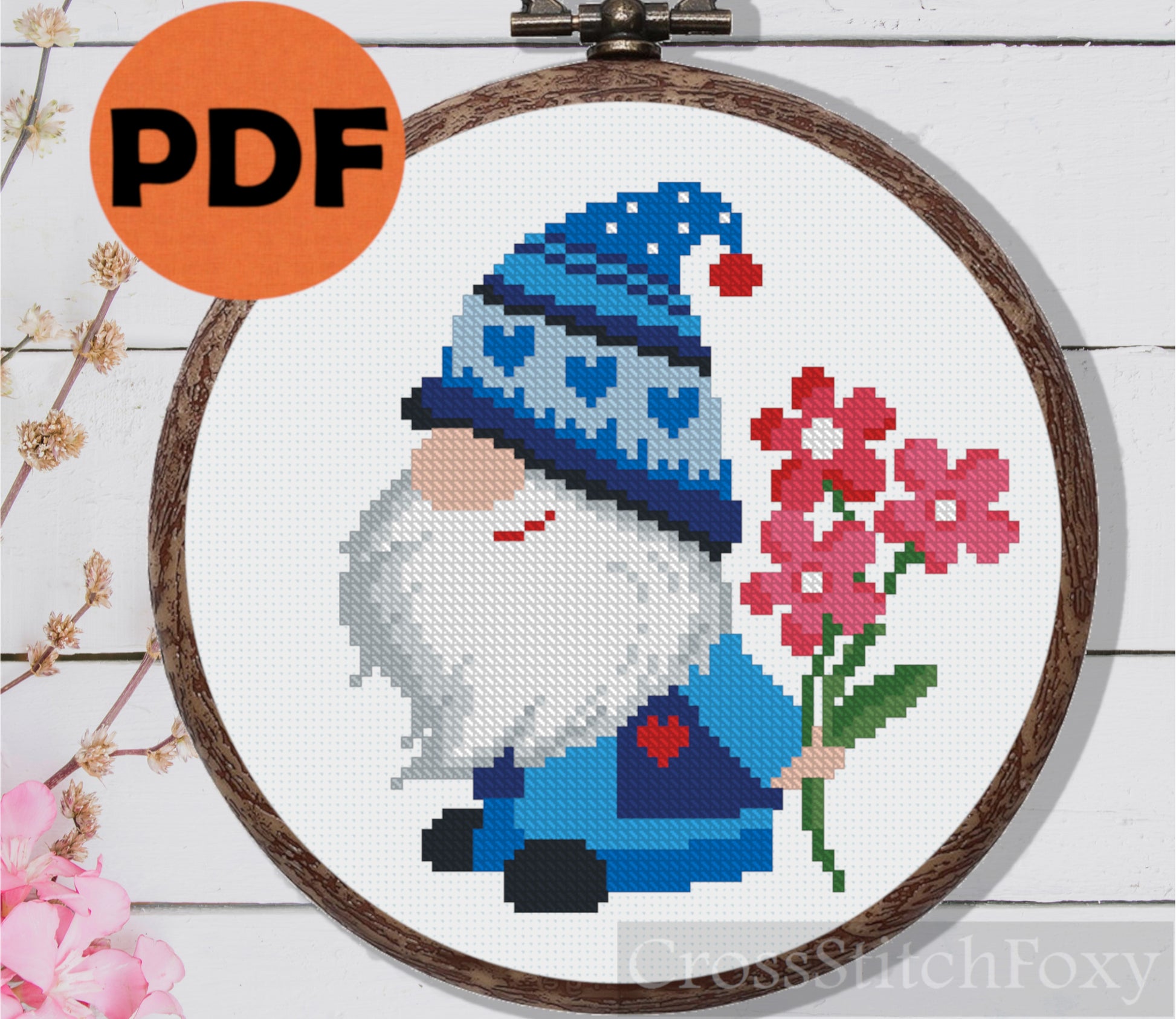 Gnome with flowers cross stitch pattern
