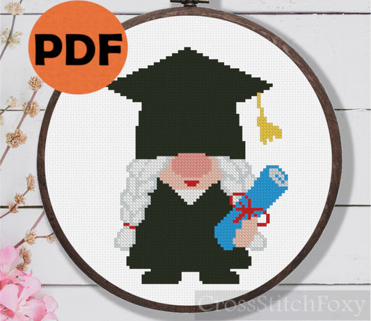 Graduation gnome girl cross stitch pattern