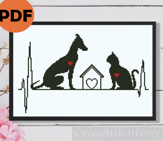 Greyhound and cat cross stitch pattern