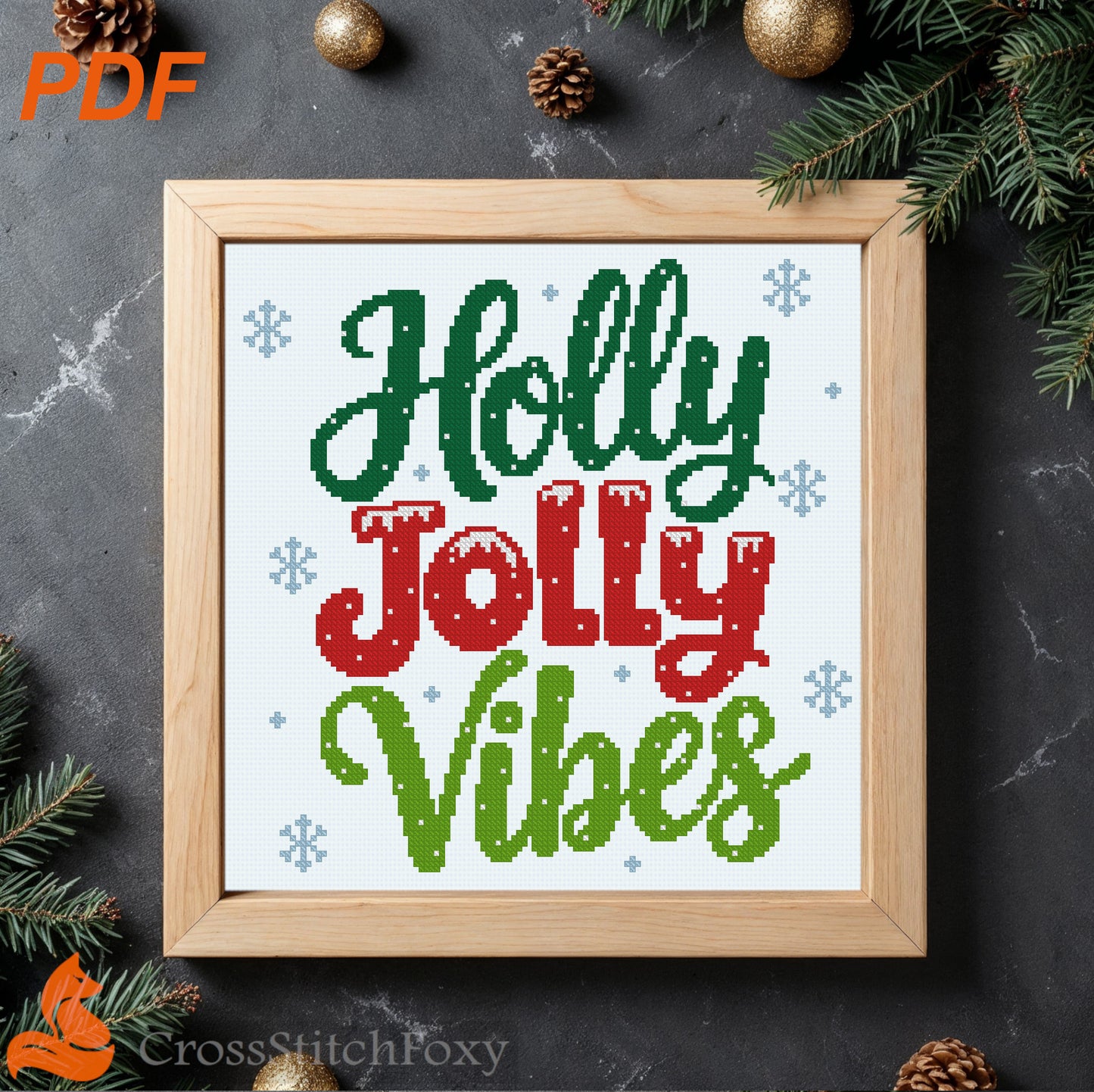 Holly Jolly Vibes Lettering Cross Stitch Pattern