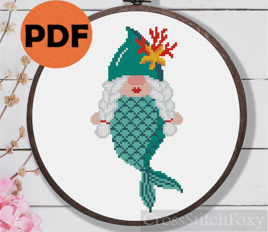Mermaid gnome girl cross stitch pattern
