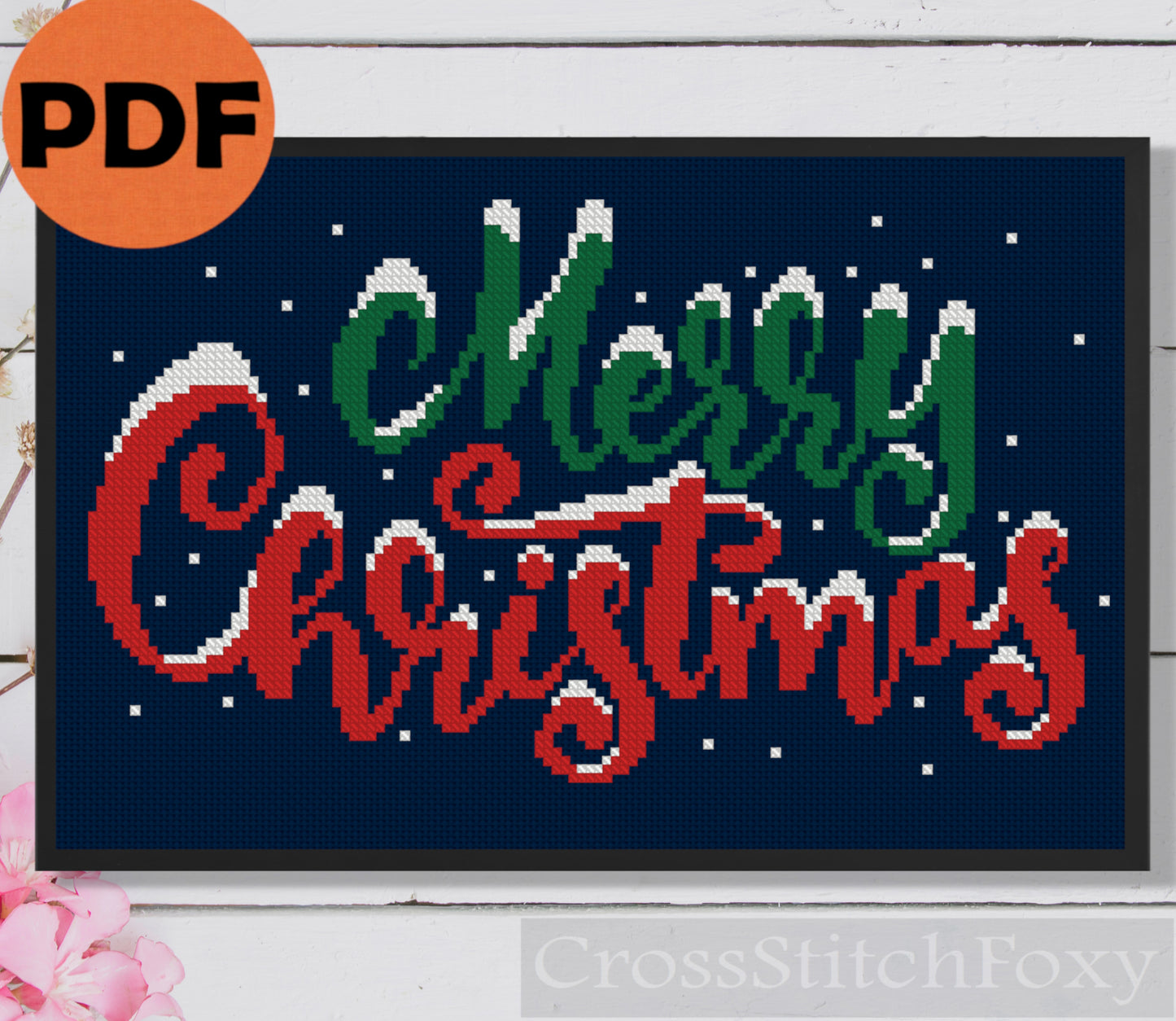 Merry Christmas Lettering snow cross stitch pattern