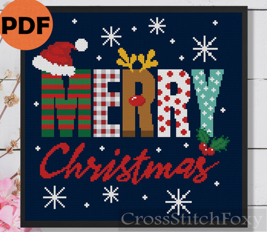 Merry Christmas Tree Lettering cross stitch pattern Copy