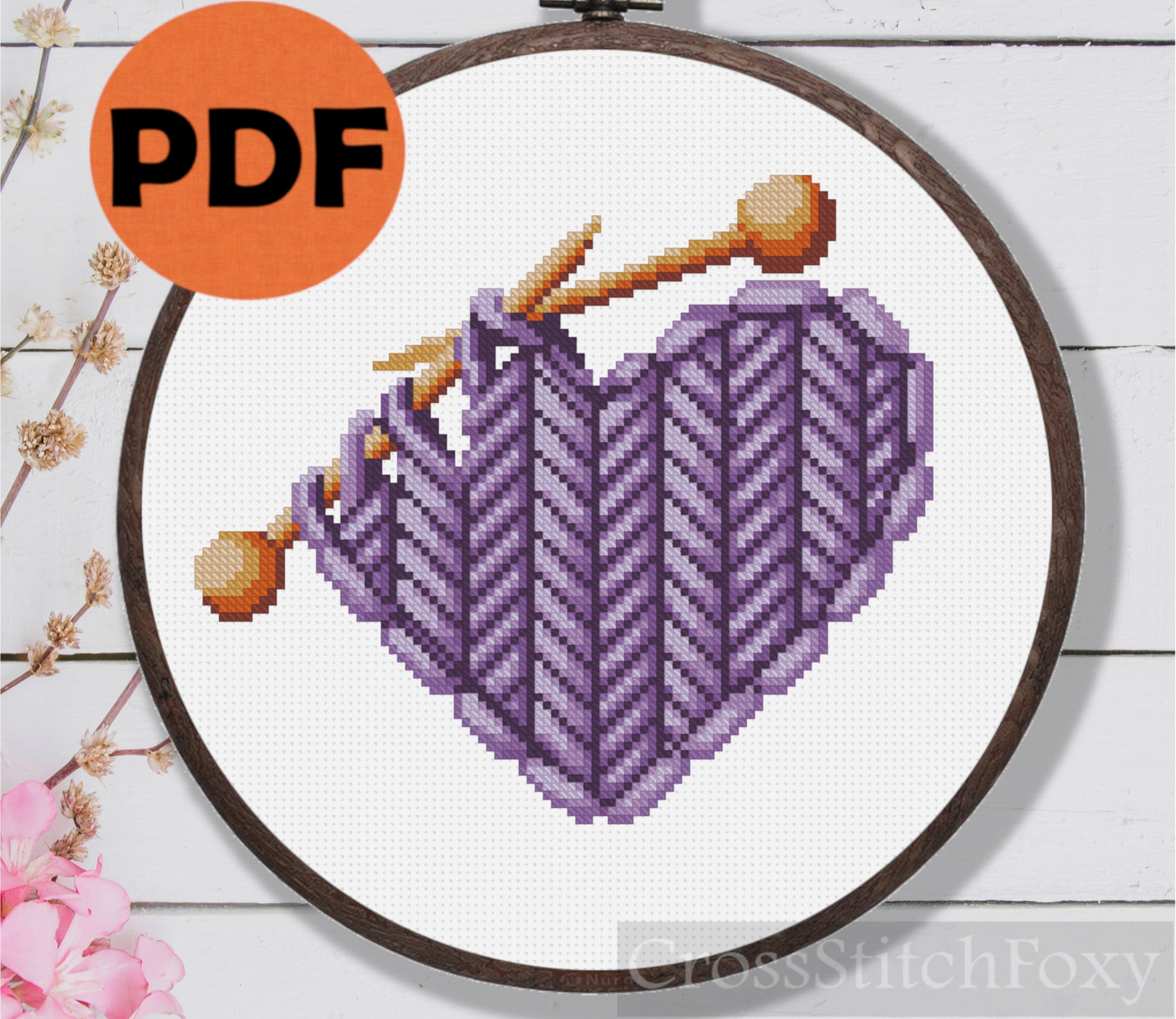 Purple Knitted Heart Cross stitch pattern