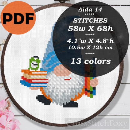 School Gnome Cross Stitch Pattern