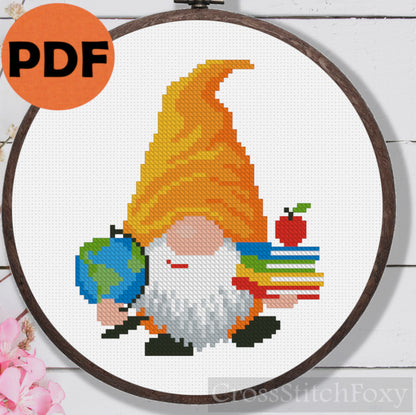 School Gnome Cross Stitch Pattern
