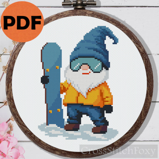 Snowboard Gnome cross stitch pattern