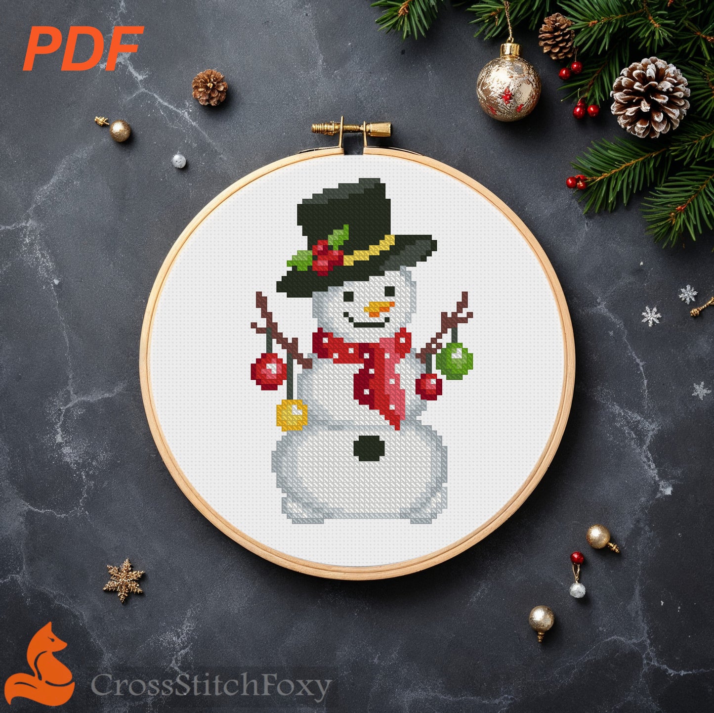 Snowman with Christmas Lights Cross Stitch Pattern