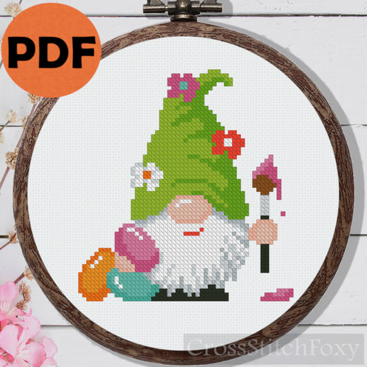 Spring gnome Easter Egg cross stitch pattern