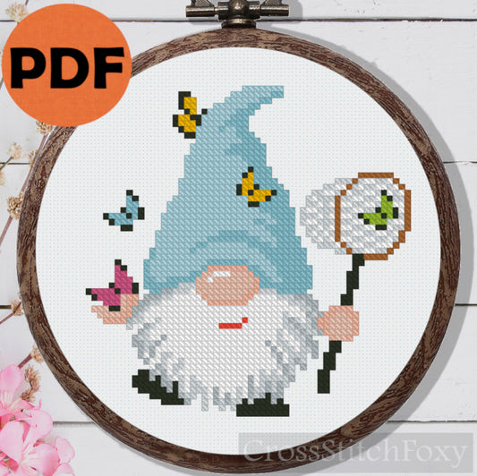 Spring gnome butterflies cross stitch pattern